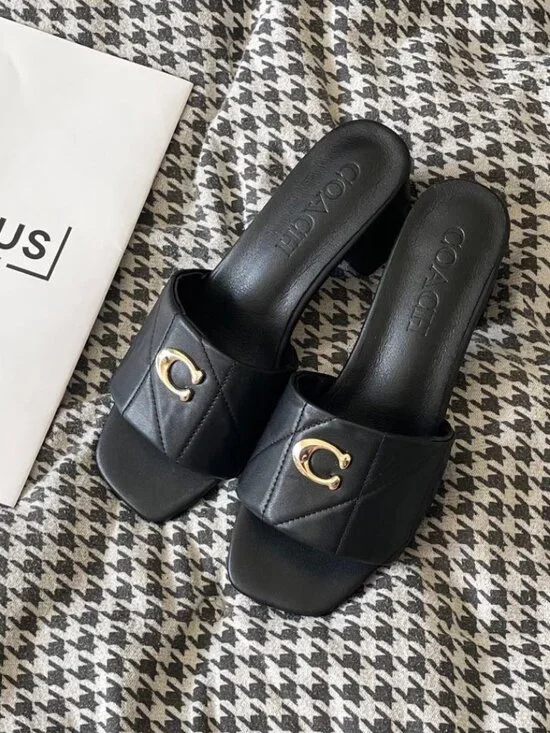 Authentic Coach Quilted Leather Block Heel Slide Sandals Black Gold C Logo - Picture 1 of 3